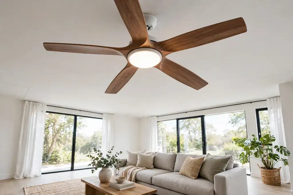 Modern ceiling fan with wooden blades and a light kit installed in a bright living room