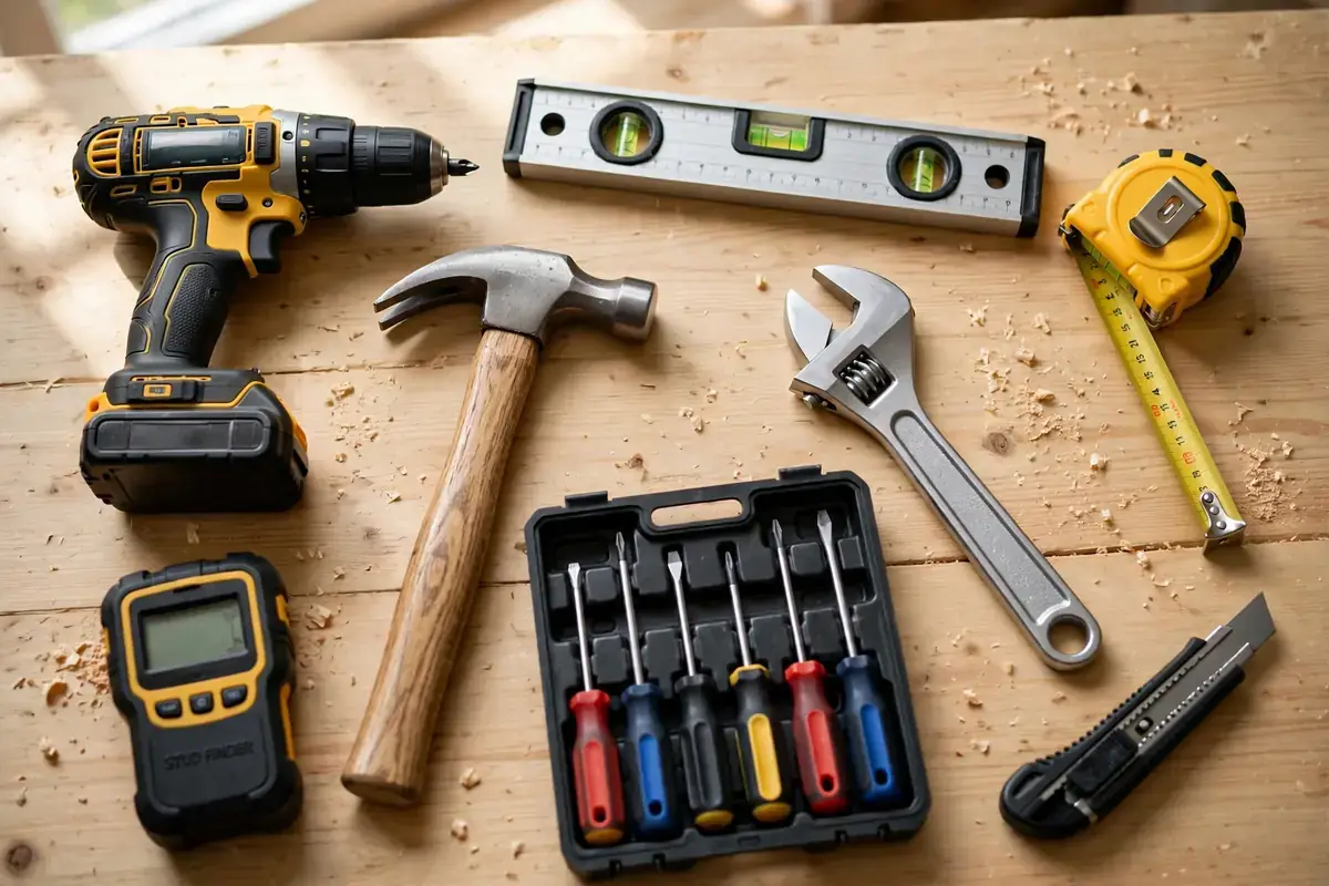 Handyman tools arranged on a workbench — cordless drill, level, hammer, wrench and screwdriver set