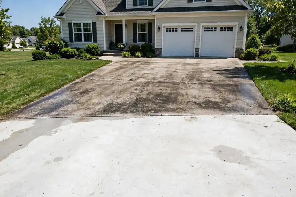Concrete driveway bright and clean after pressure washing in front of a suburban home