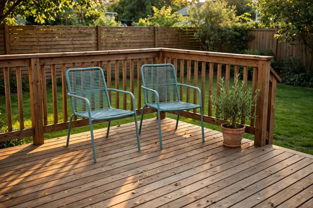 Clean, sturdy repaired wooden deck with railing in a fenced backyard