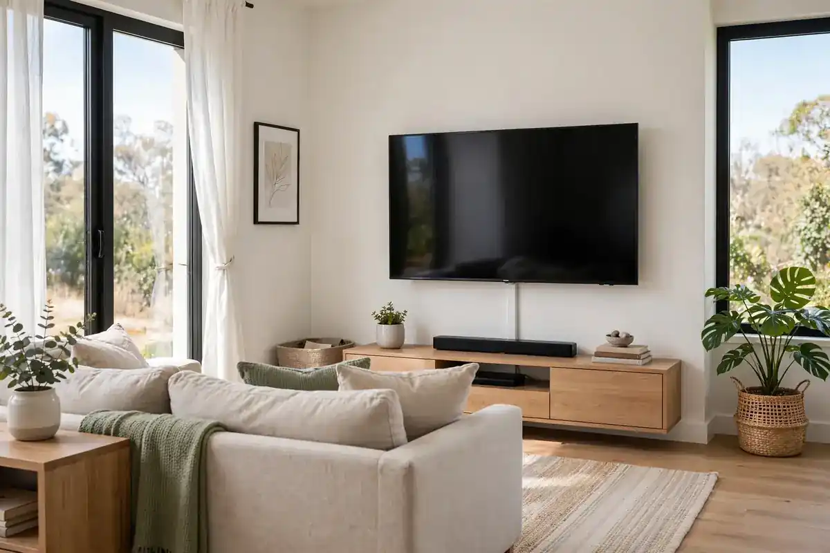 Wall-mounted TV with neatly concealed cables in a bright, tidy living room